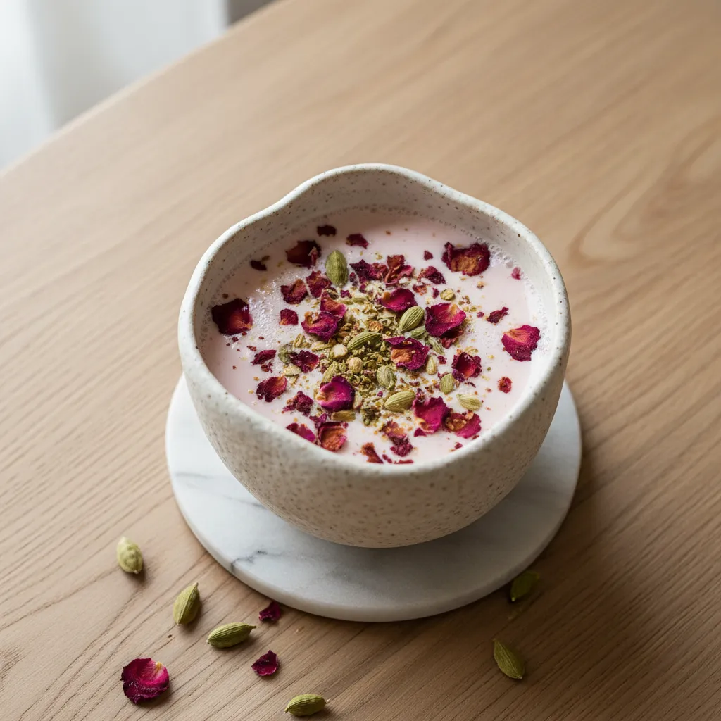Pale pink rose and cardamom moon milk in a ceramic cup on a marble coaster