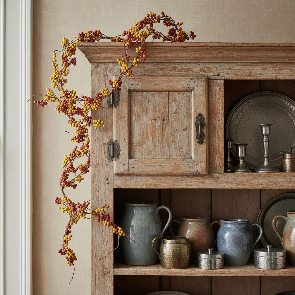 Mustard and red pip berry garland styled on an antique wooden cabinet