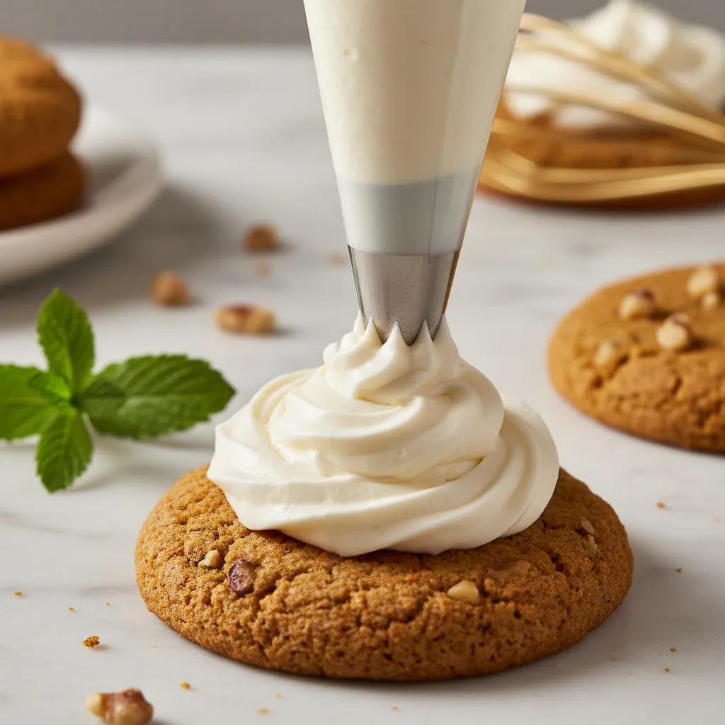Swirling cream cheese frosting onto a carrot cake cookie base