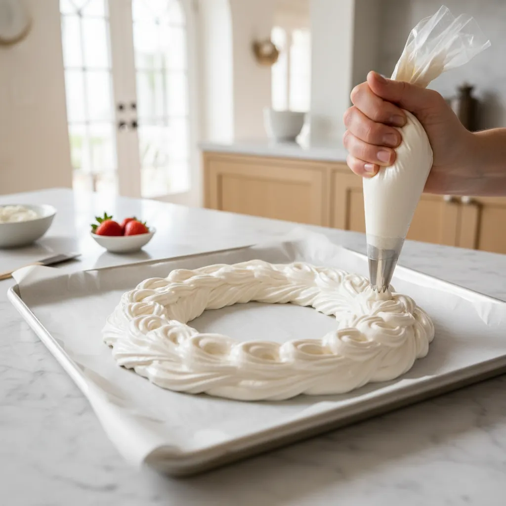 Piping glossy meringue into a wreath shape for baking