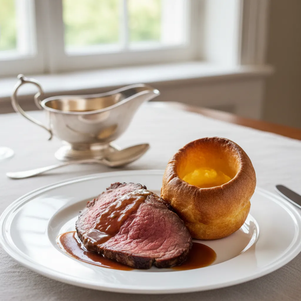 Close up of sliced rib roast and fluffy Yorkshire pudding on fine china