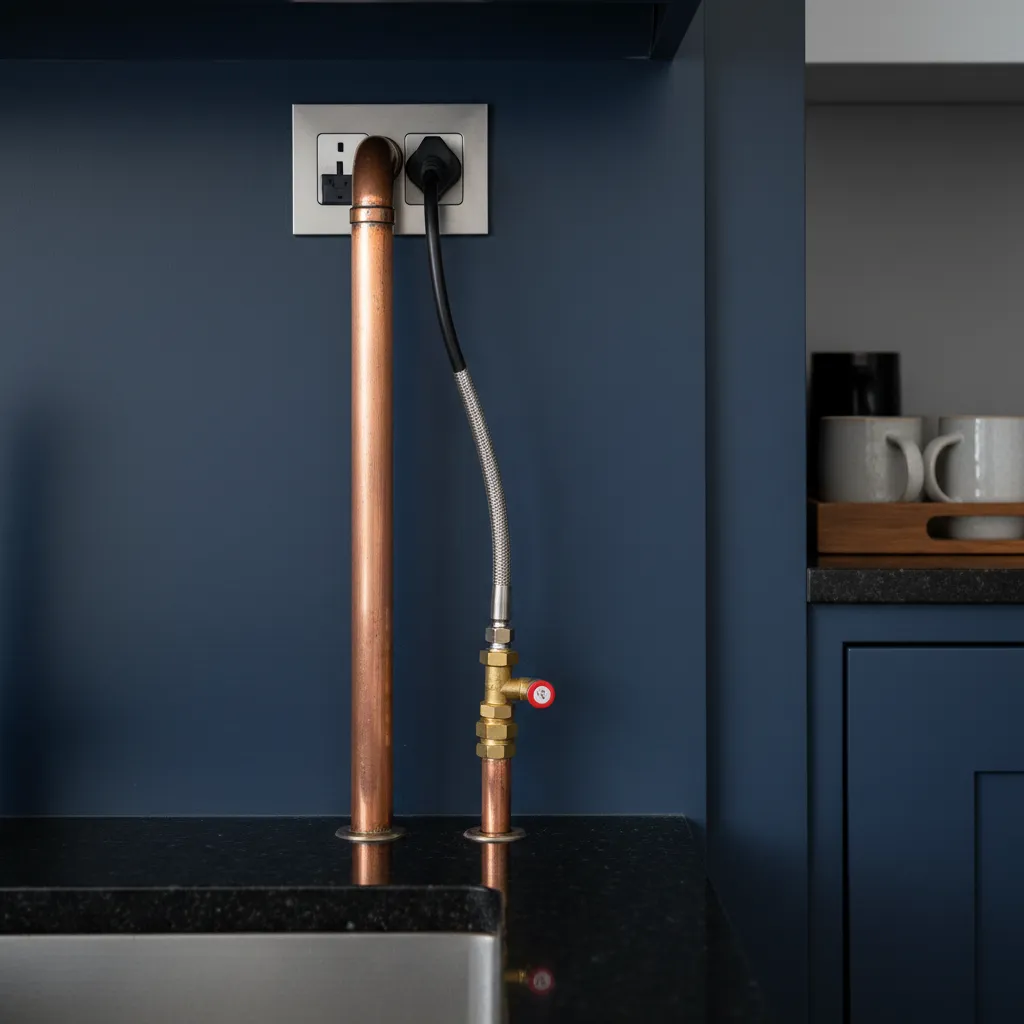 Copper water line connection for a plumbed-in home espresso machine