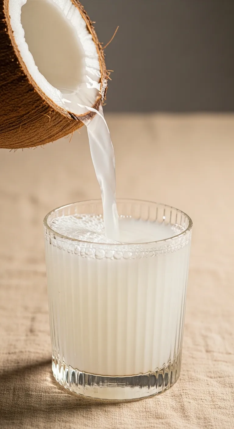 Clear coconut water poured into a textured glass on a beige table