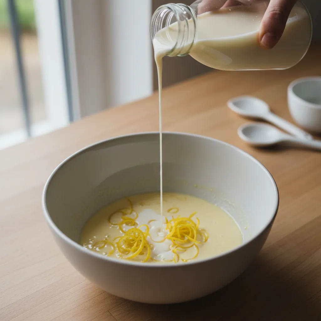Condensed milk poured over fresh lemon zest in a ceramic bowl