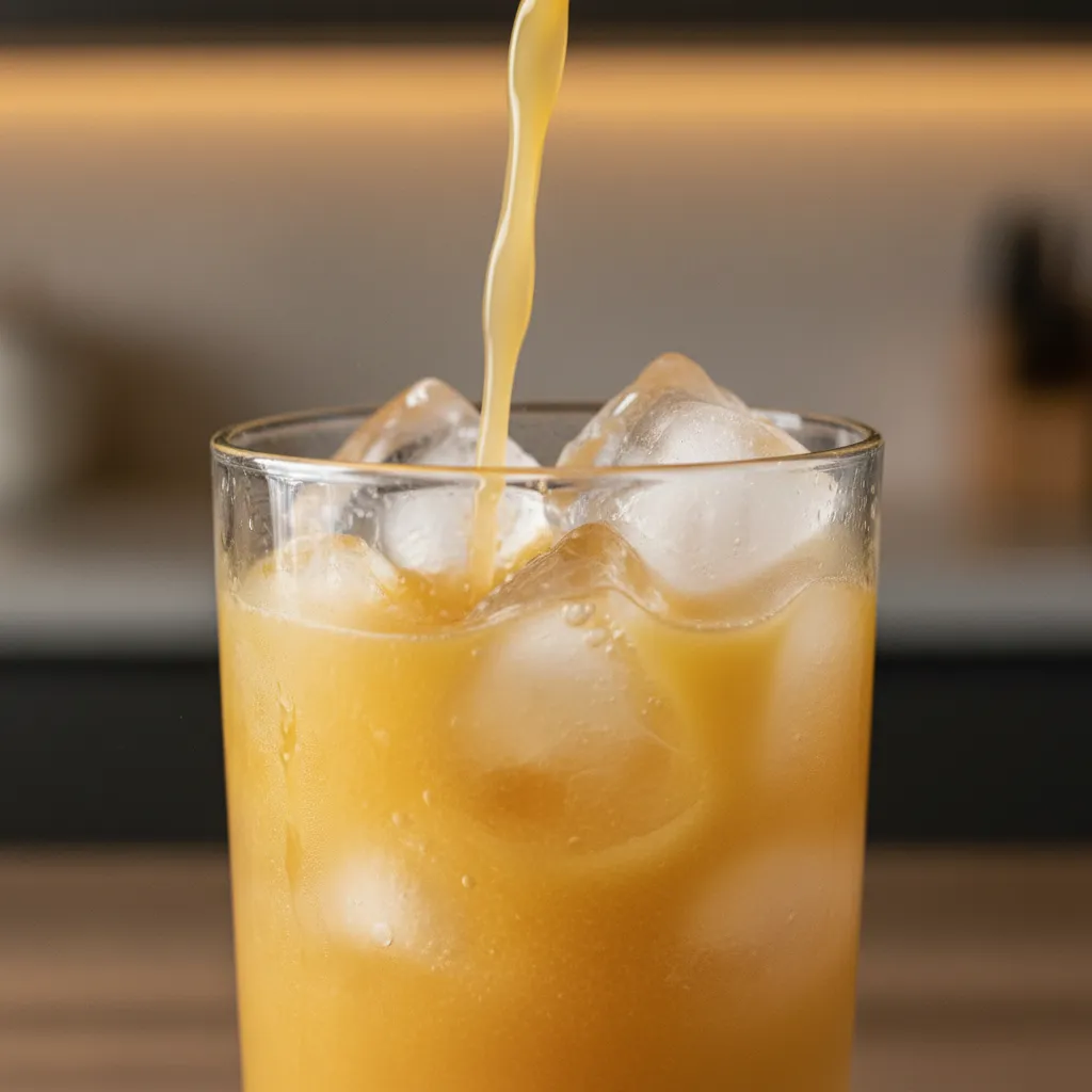 Fresh orange juice pouring over cubed ice in a glass
