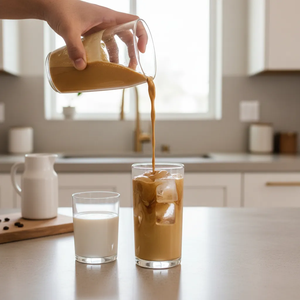Pouring frothy espresso over ice in a modern kitchen