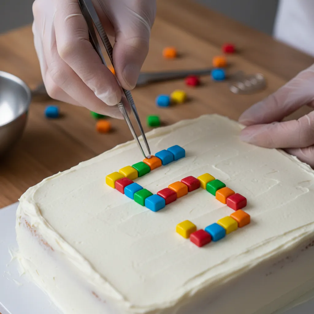 Hands placing square edible tiles onto a cake surface with architectural precision
