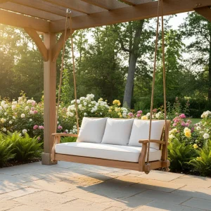 A high-quality teak outdoor swing with white cushions suspended on a modern patio with garden views.