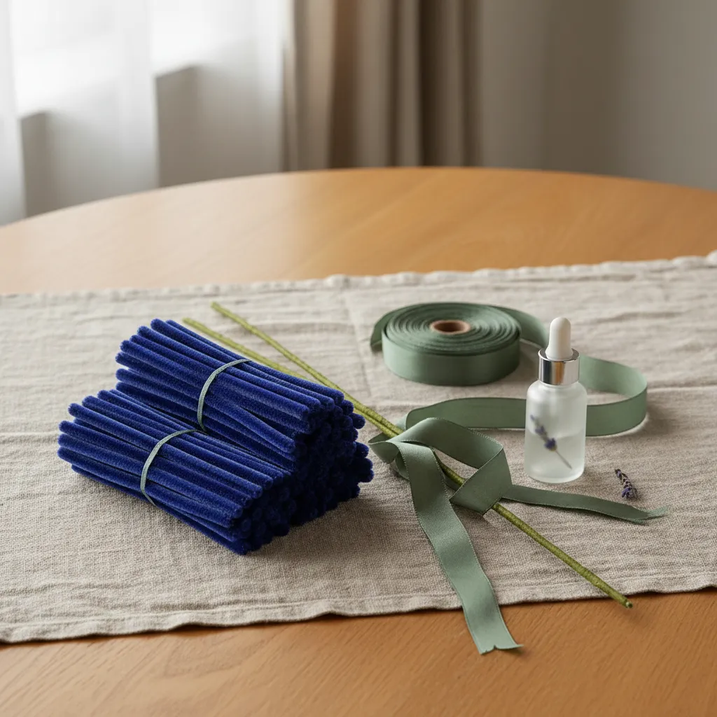 Close up of indigo pipe cleaners and sage green silk ribbons for luxury floral crafting