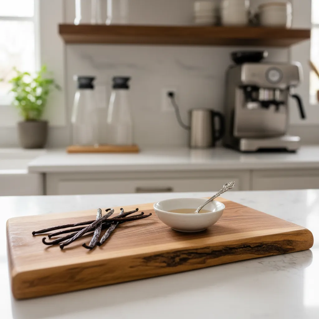 Whole vanilla beans and stevia on a wooden board