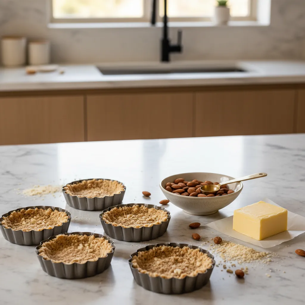 Almond flour crust mixture being pressed into miniature tart tins on a marble counter