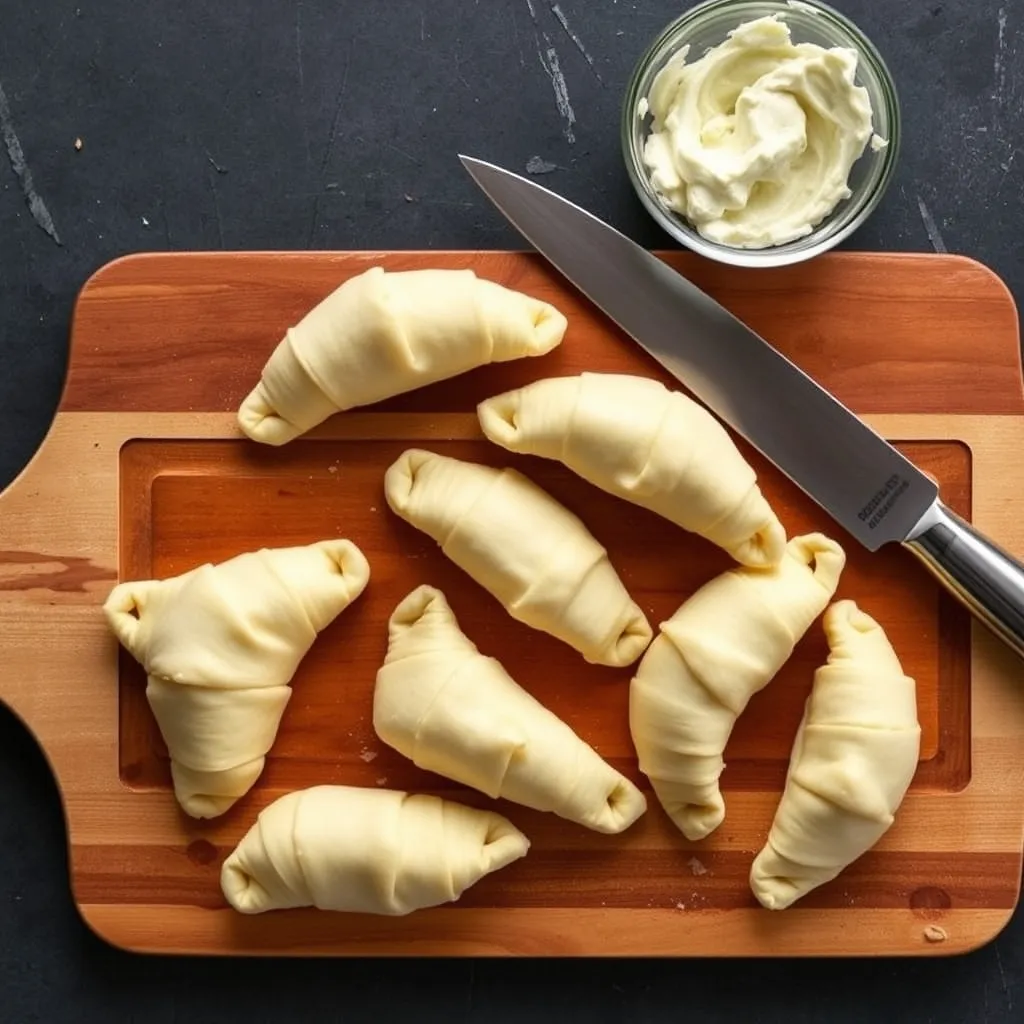 Raw crescent roll dough triangles with cream cheese filling on a wooden board