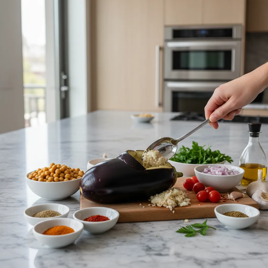 Hollowed raw eggplant halves ready for filling on a marble kitchen island