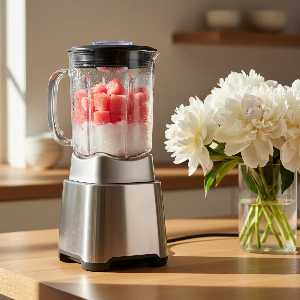 Frozen watermelon cubes in a blender with coconut water