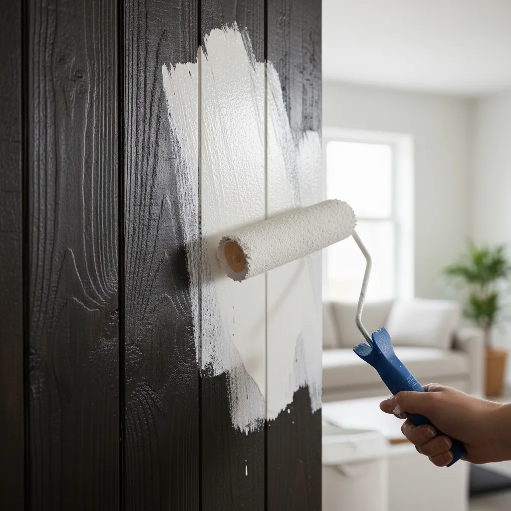 Applying white primer to dark wood paneling in a mobile home