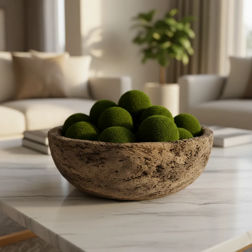 A rustic wooden dough bowl centerpiece on a modern marble coffee table