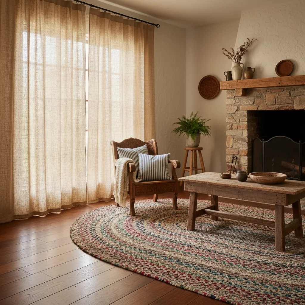 Primitive living room decor featuring burlap window treatments and a braided rag rug on hardwood floors