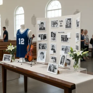 A sophisticated senior recognition display featuring a tri-fold photo board, athletic jersey, and musical instrument in a church setting.