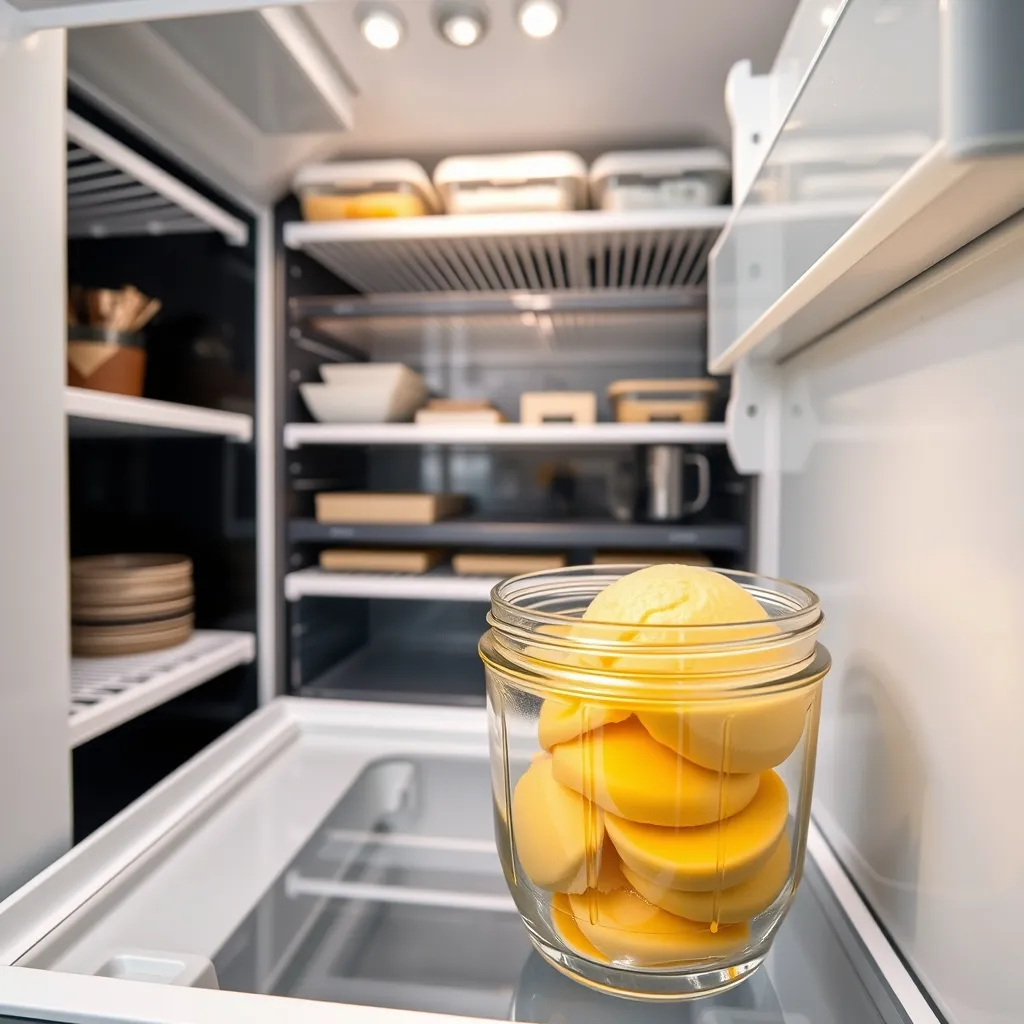 Smooth banana ice cream in a glass container inside a freezer