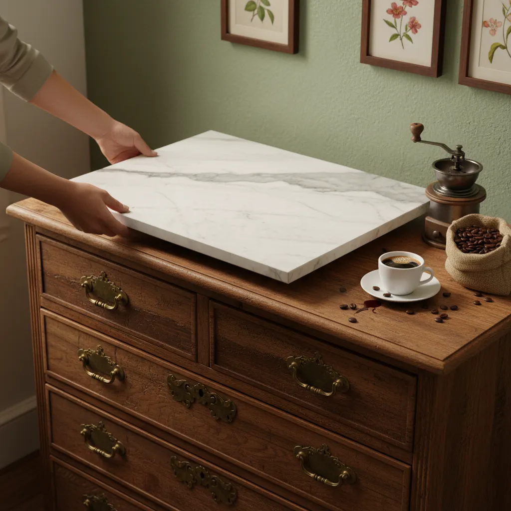 Marble slab added to wooden dresser top to prevent water damage