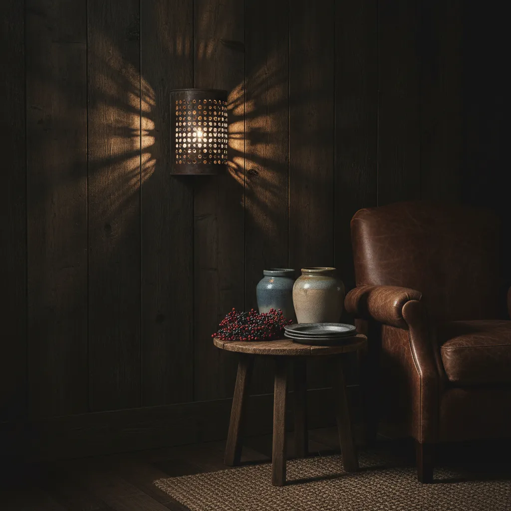 Antique punched tin sconce casting geometric light patterns on a wall