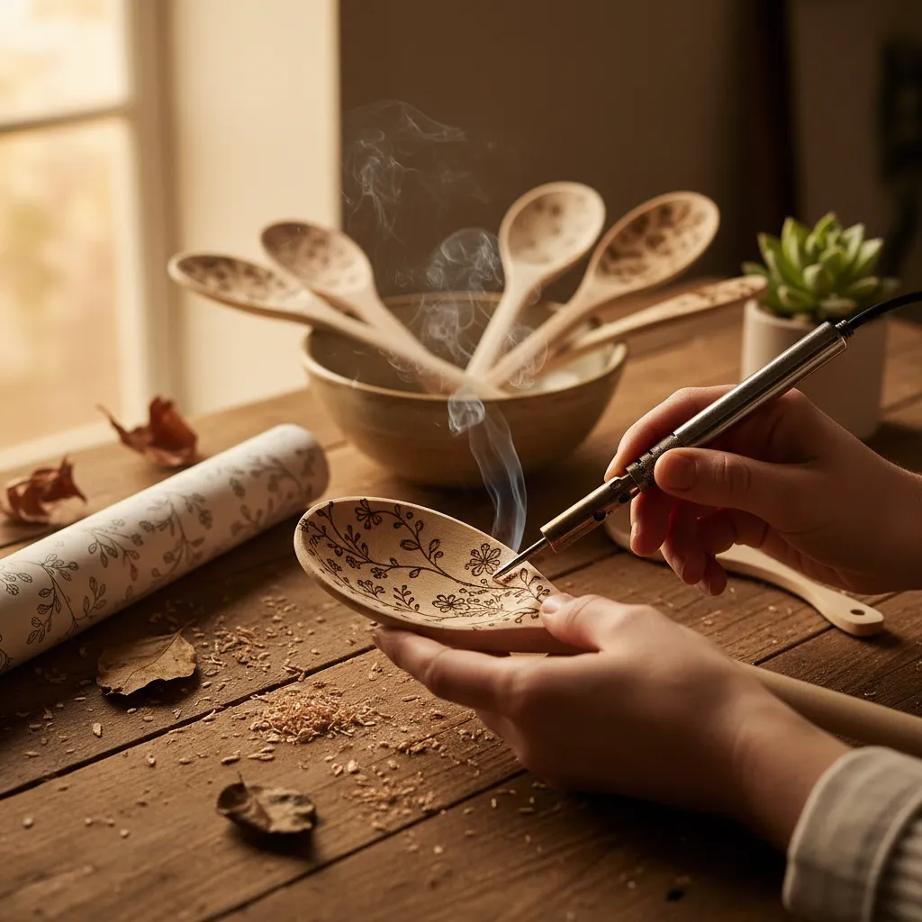 A close-up of a wood-burning tool etching a floral design into a bamboo kitchen spoon.