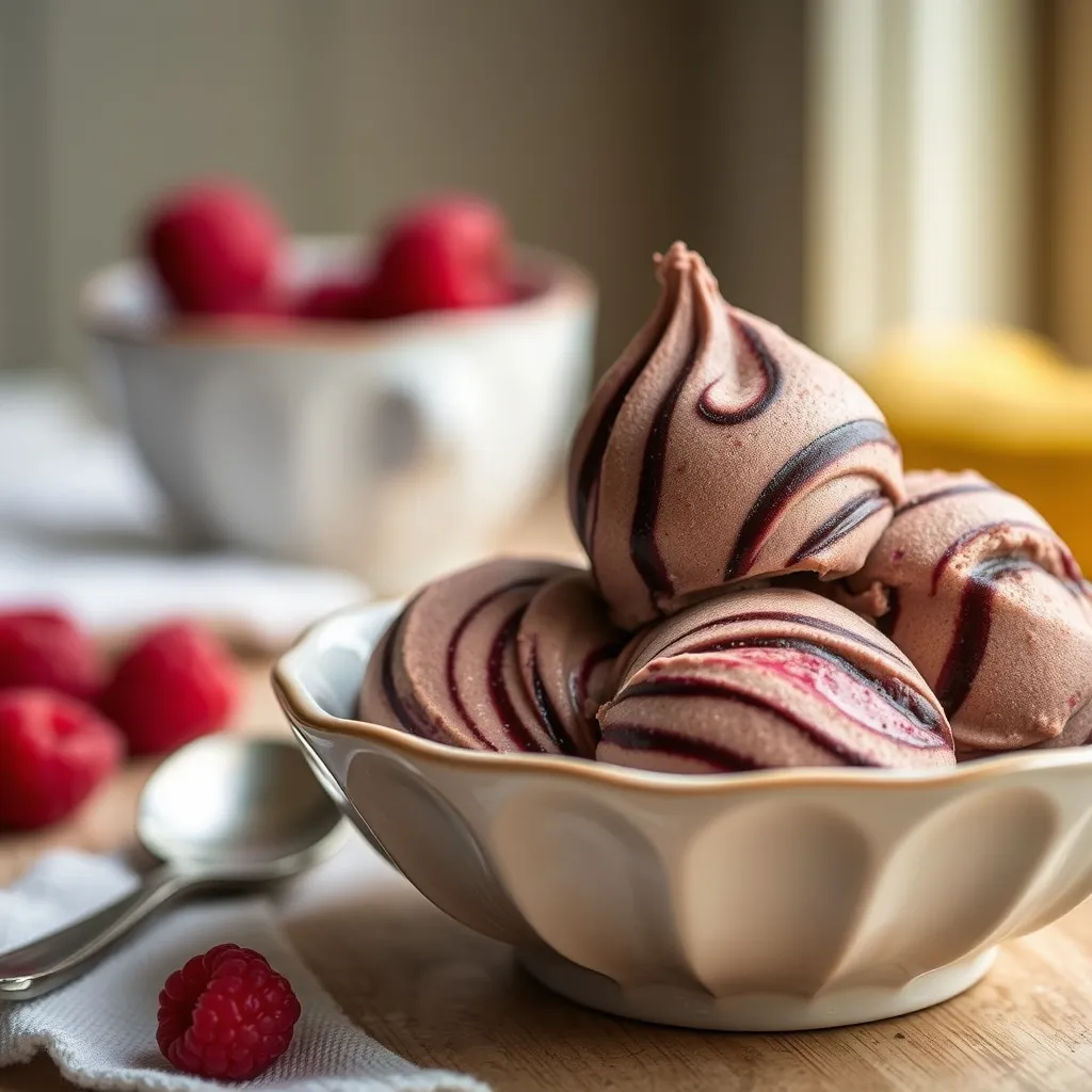 Close up view of raspberry ripple texture in banana ice cream
