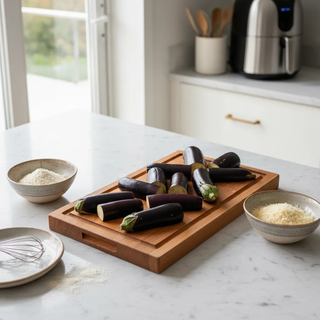 Uncooked eggplant strips prepared for breading with almond flour and parmesan cheese ingredients