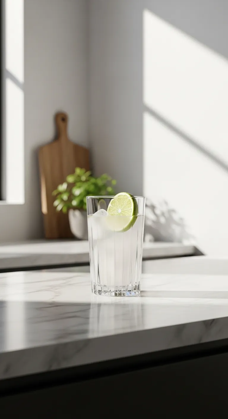 Glass of raw organic coconut water on a marble counter representing pregnancy hydration