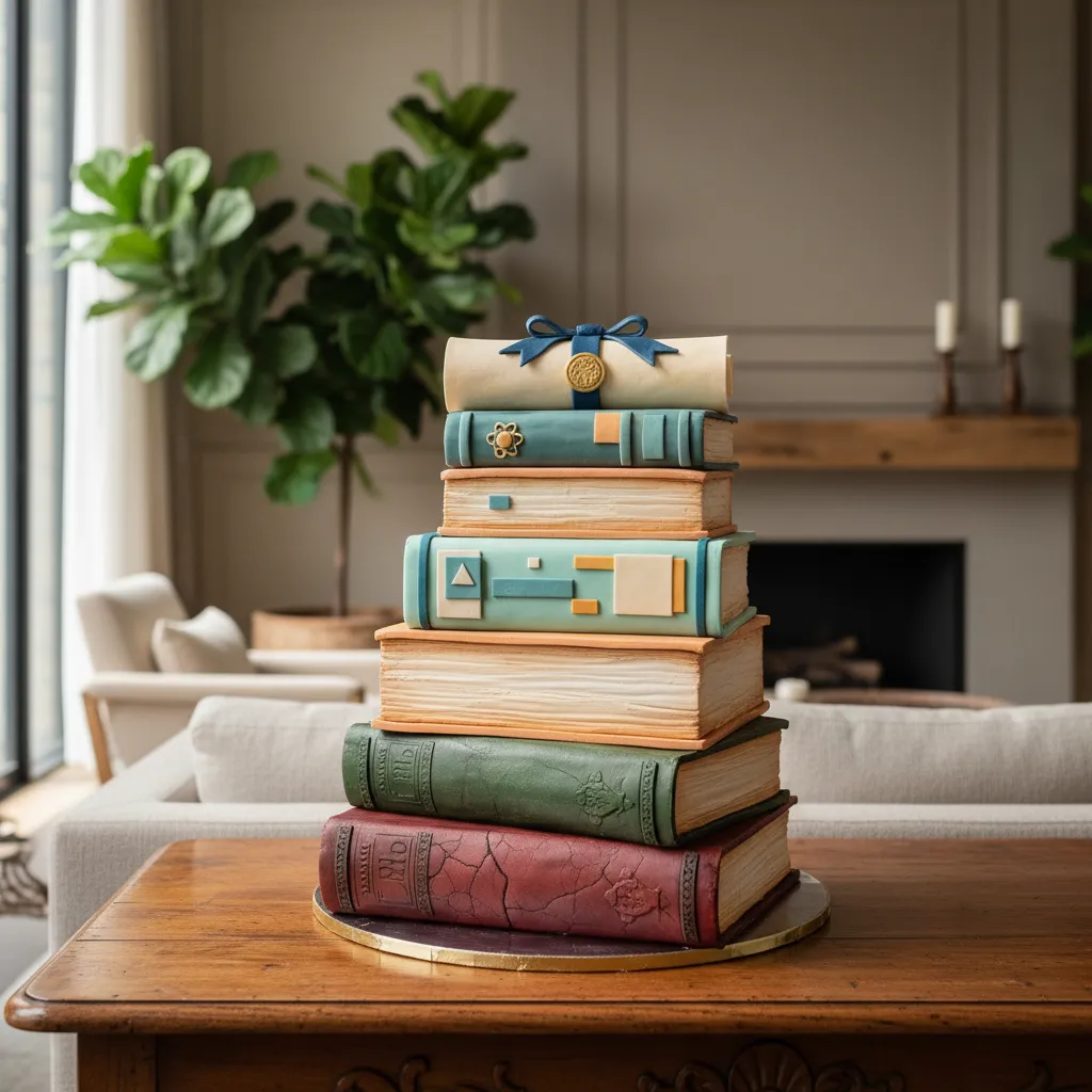 Sculpted fondant cake resembling stacked textbooks with a diploma topper for high school graduation