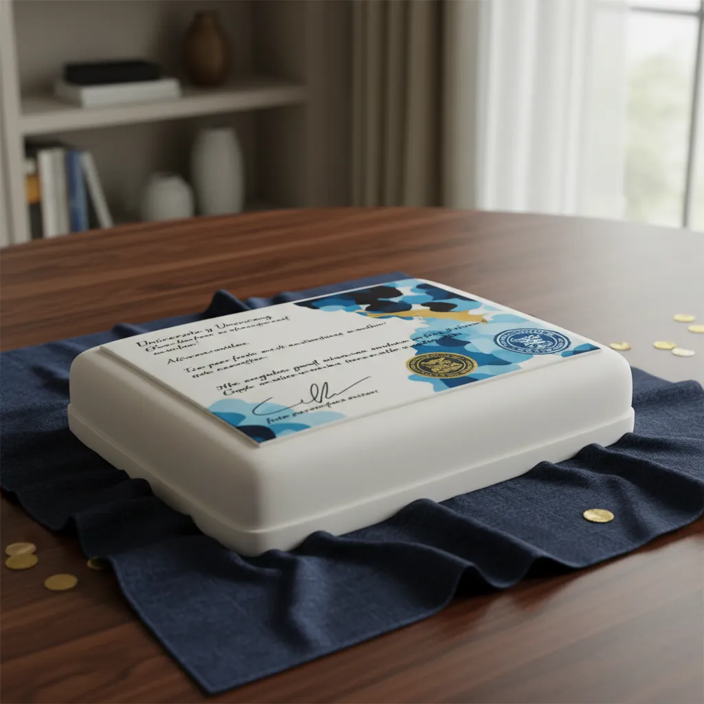 Sheet cake decorated with edible university acceptance letter on fondant