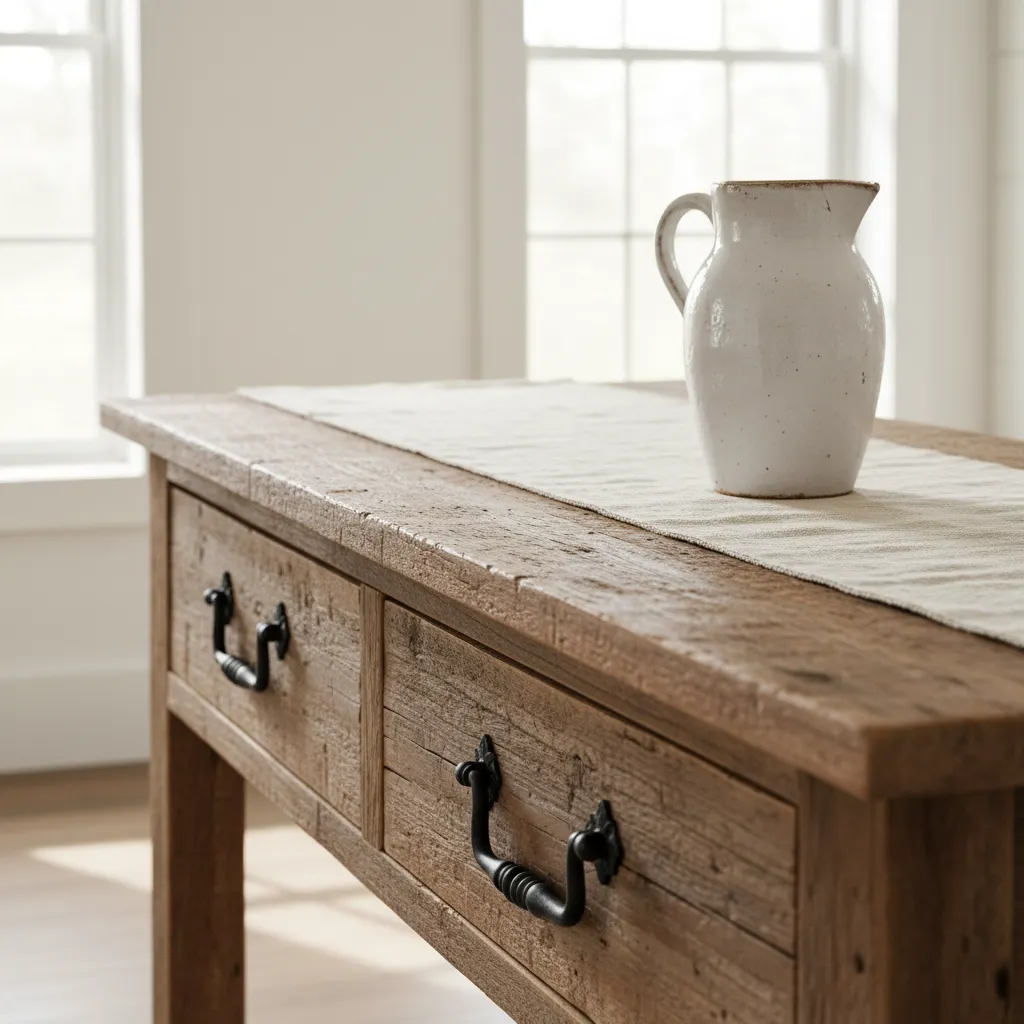 Close up of reclaimed wood grain and iron hardware on a buffet table