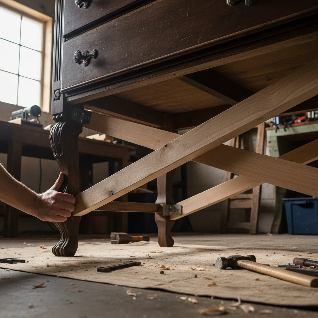 Wooden support beams added to the interior of a vintage dresser