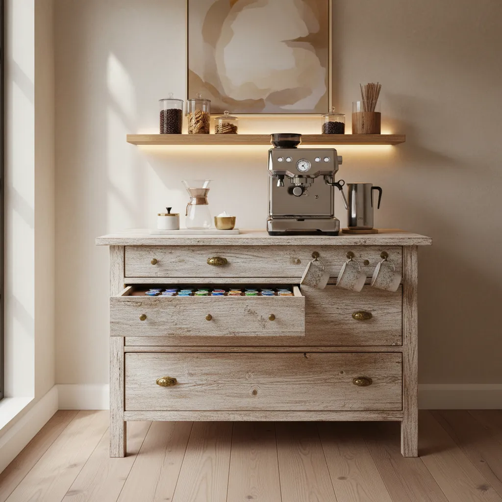 Vintage oak dresser repurposed as a home coffee bar with open drawer storage