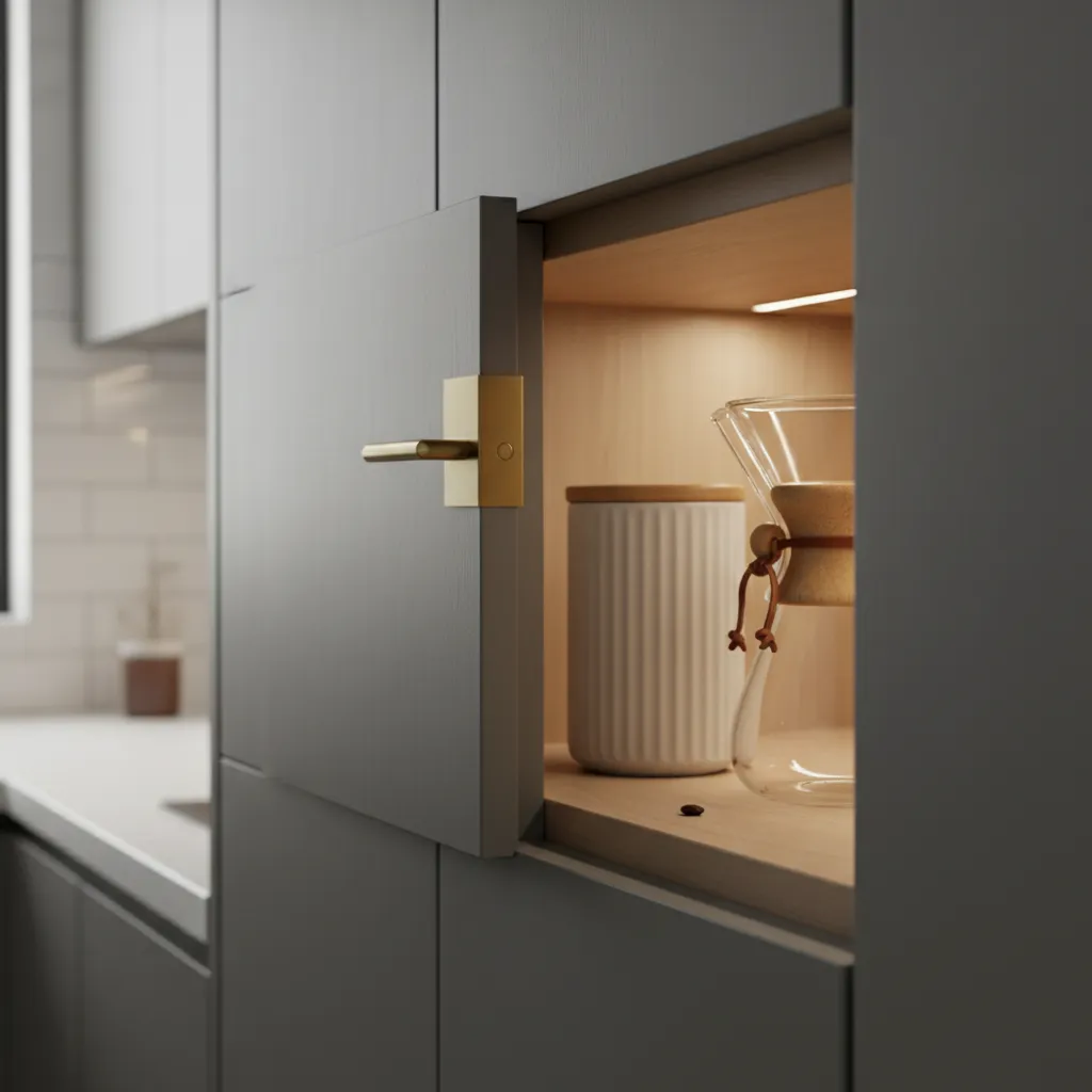 Close up of pocket door hardware for kitchen appliance garage