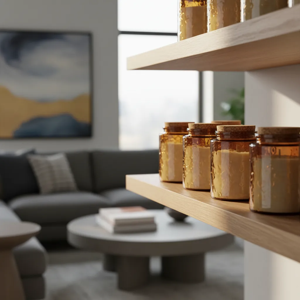 Shelf display of amber glass candles with cork lids