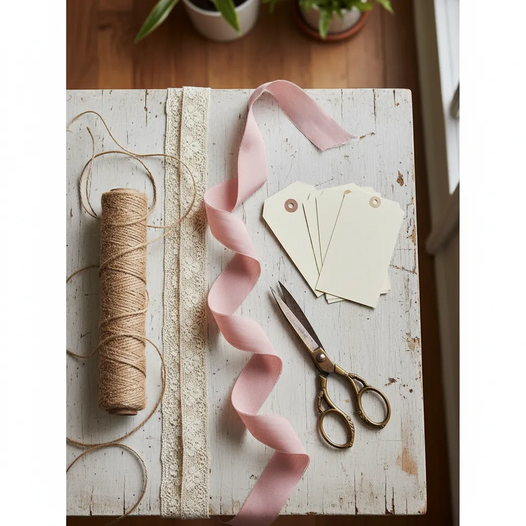 Selection of jute, silk, and lace ribbons with vintage scissors for crafting