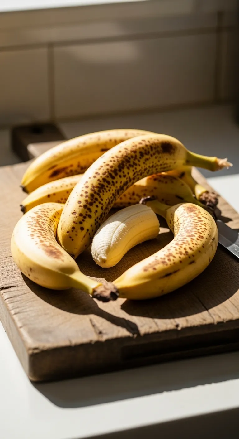 Spotted yellow bananas on a wooden board --no text, no words, no letters, no signboards, no logos