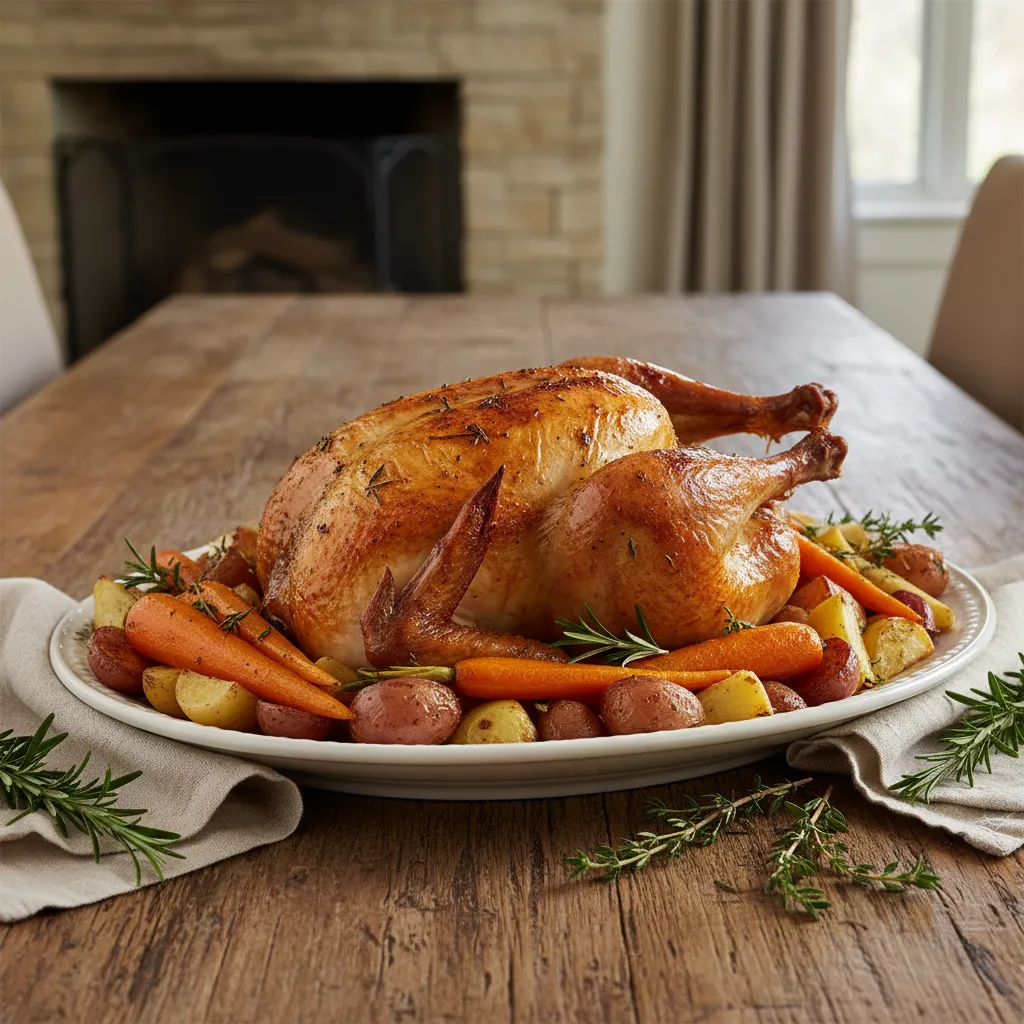 Golden roasted capon on a ceramic platter surrounded by rustic root vegetables