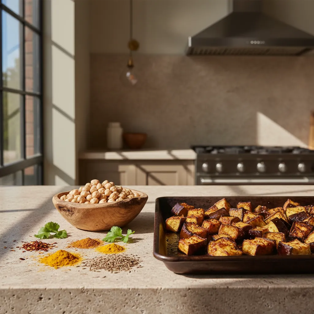 Cubed eggplant roasting on a sheet pan next to bowls of chickpeas and vibrant curry spices