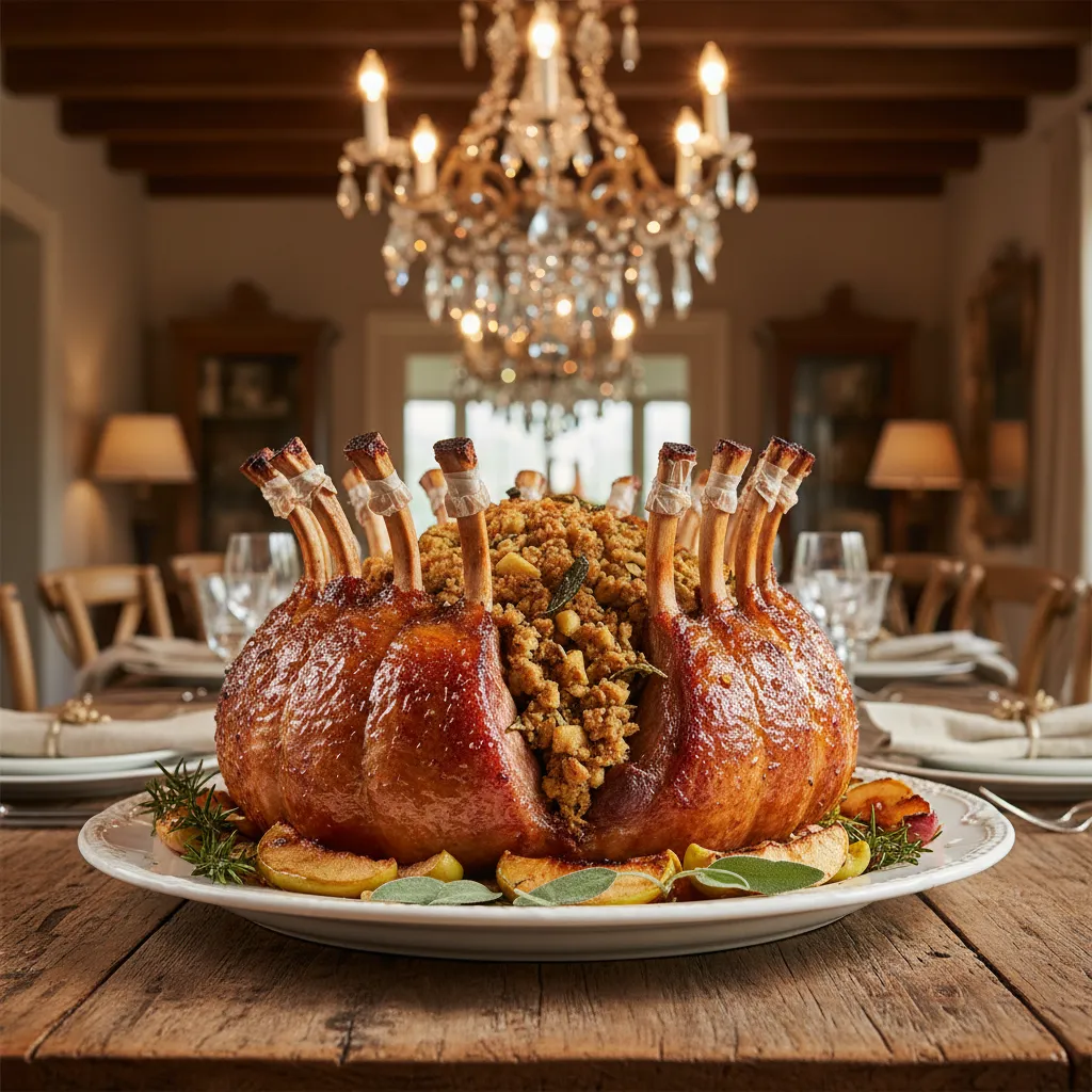 Golden brown stuffed crown roast of pork on a ceramic platter with apple garnish