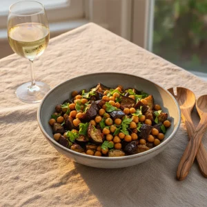 A gourmet vegan eggplant and chickpea salad garnished with fresh herbs in a matte ceramic bowl on a rustic linen table.