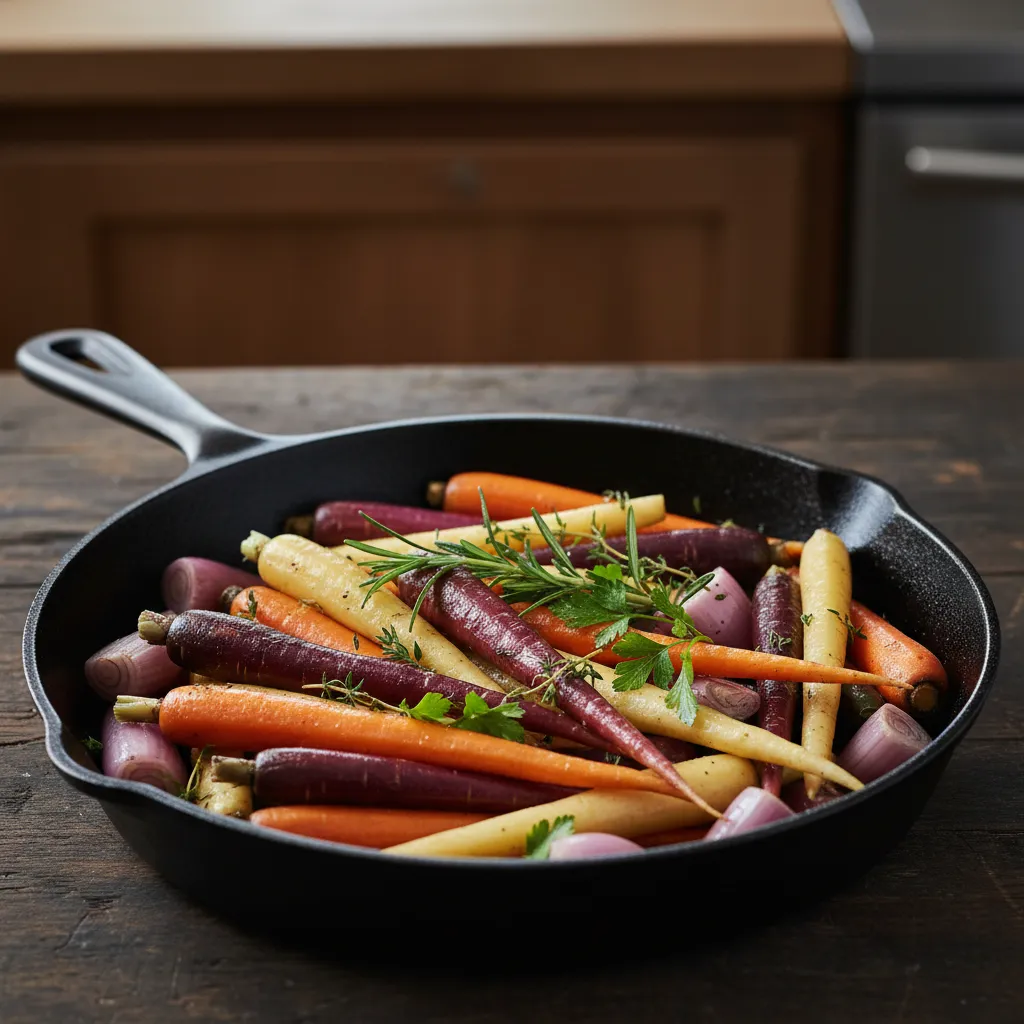 Raw root vegetables arranged in a cast iron skillet to support a roast