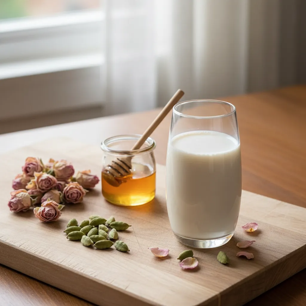 Artistic arrangement of dried rose buds and cardamom pods for moon milk