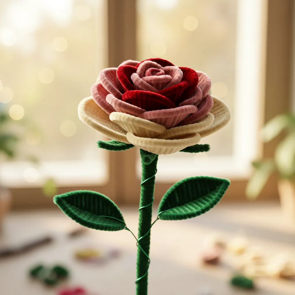 Detailed view of a pipe cleaner flower stem and leaf construction.
