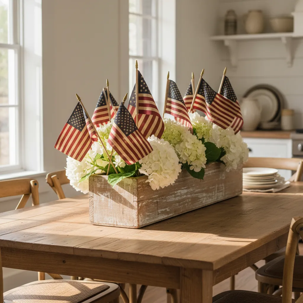 Distressed wooden box centerpiece filled with tea stained american flags and white flowers on a wooden table