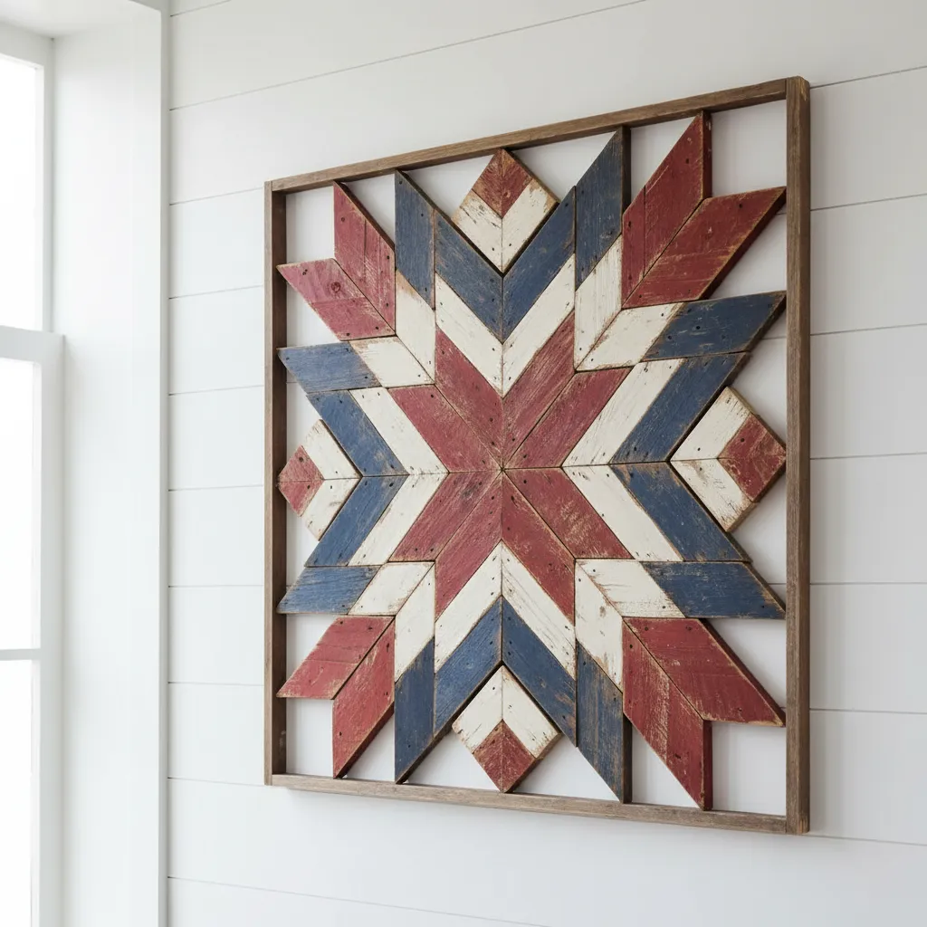 Rustic barn quilt star painted in red white and blue on reclaimed pallet wood