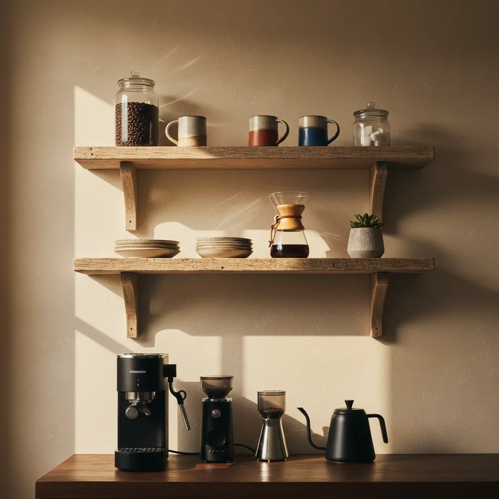 Reclaimed wood floating shelves above a home coffee bar station displaying ceramic mugs and glass jars