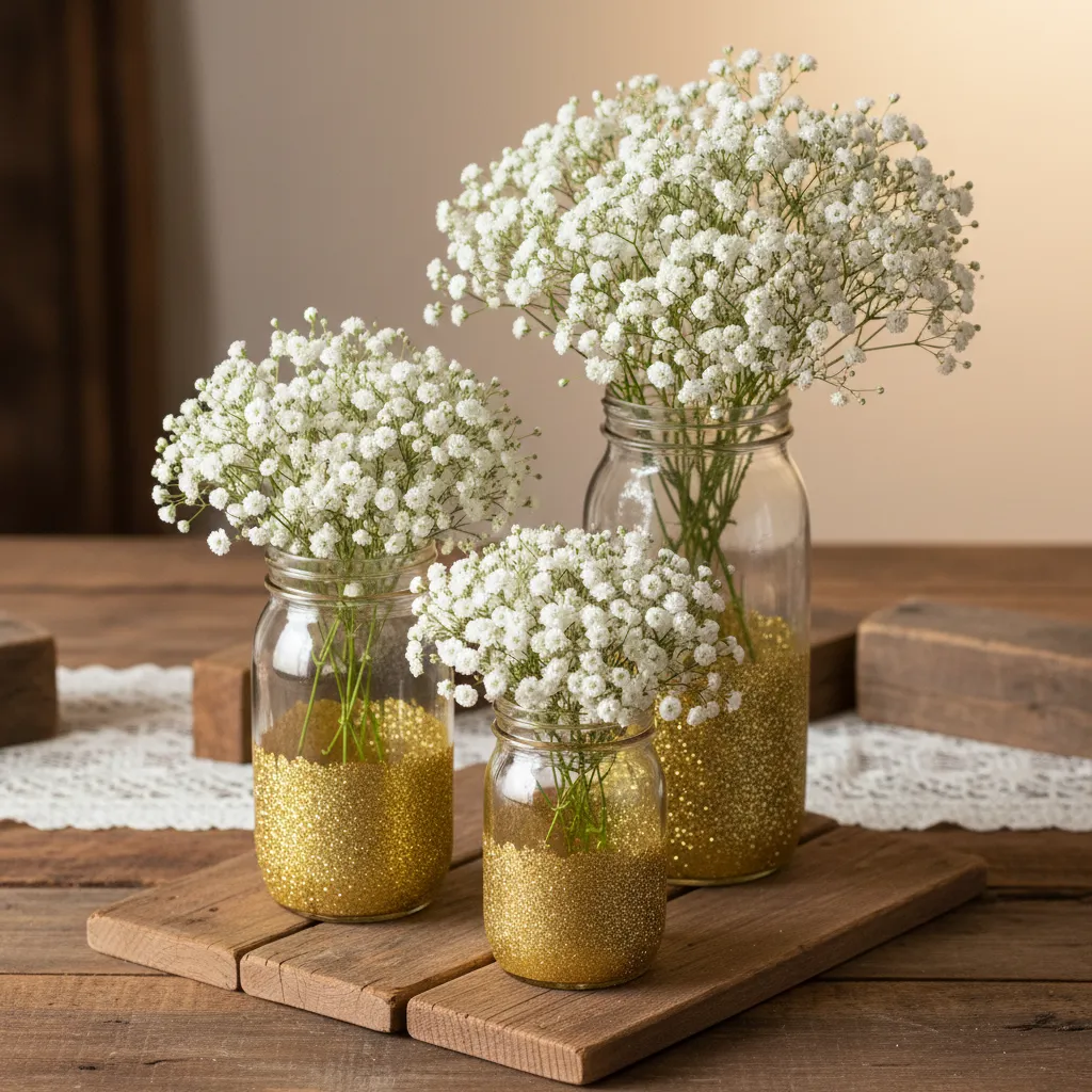 Three rustic mason jars with gold glitter bases and baby