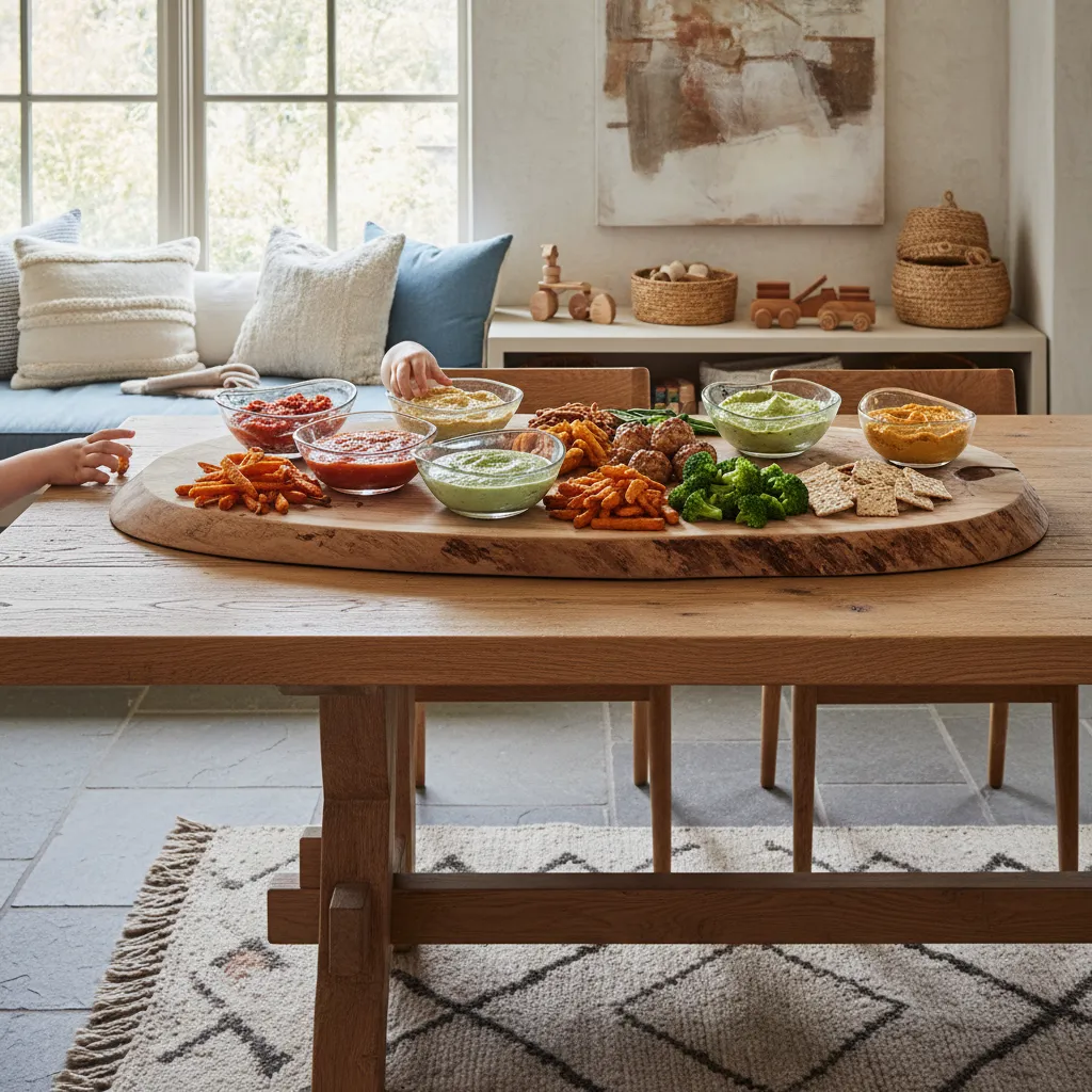 A raw wood serving board with glass bowls for dipping